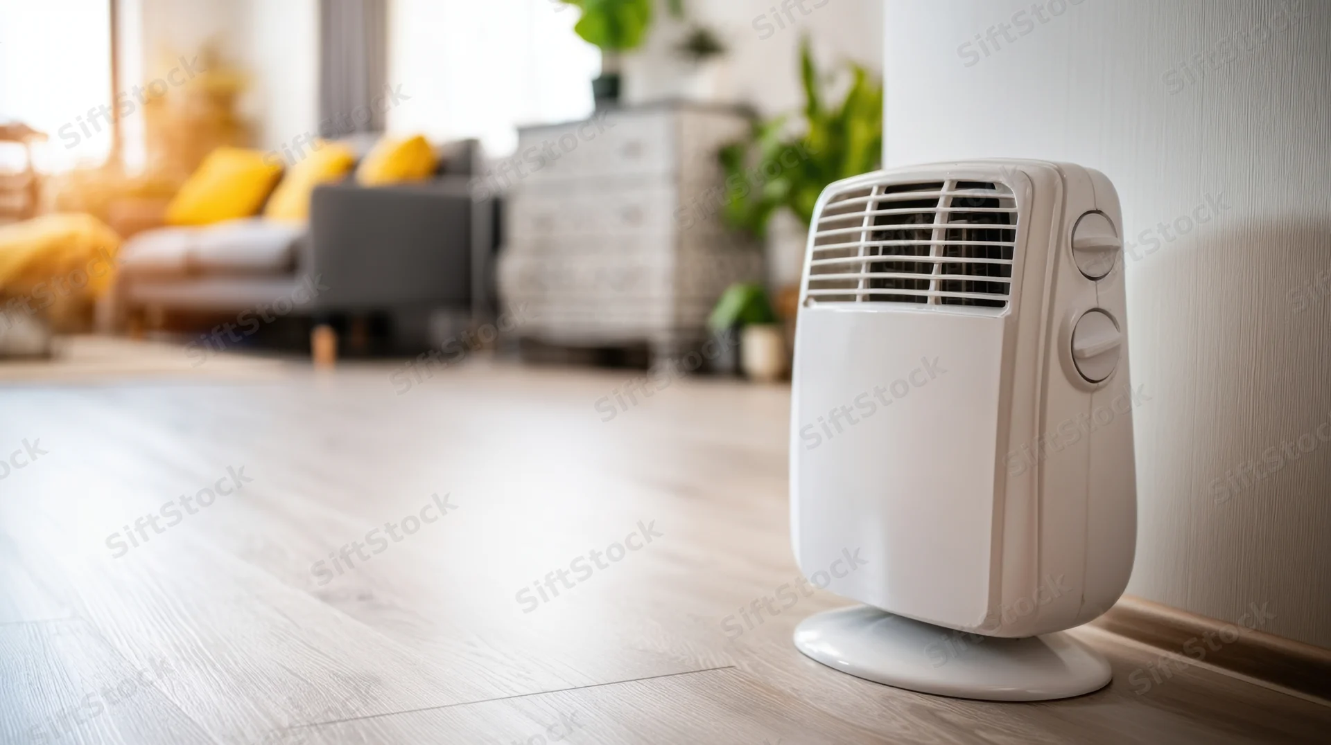 White portable heater on wooden floor in living room with sofa and plants in background