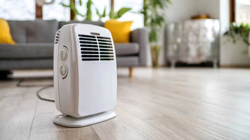 White portable heater on wooden floor in living room with sofa and plants in background