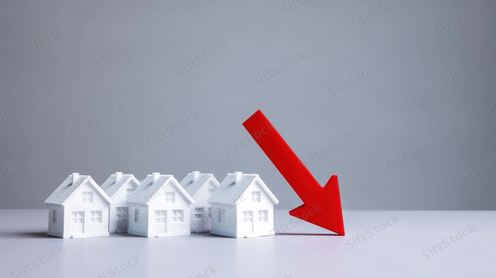 White miniature houses in a row with a red downward arrow beside them on a gray surface