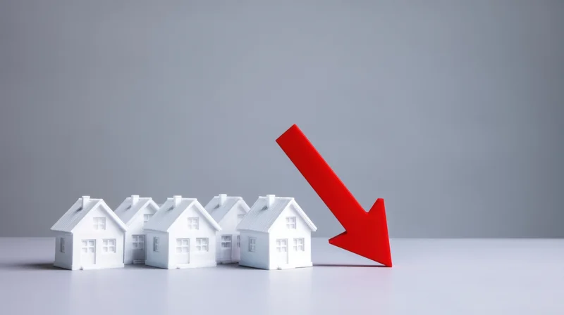 White miniature houses in a row with a red downward arrow beside them on a gray surface