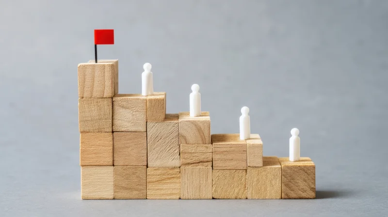 Wooden blocks arranged in ascending steps with white figures and a red flag on top symbolizing career progression