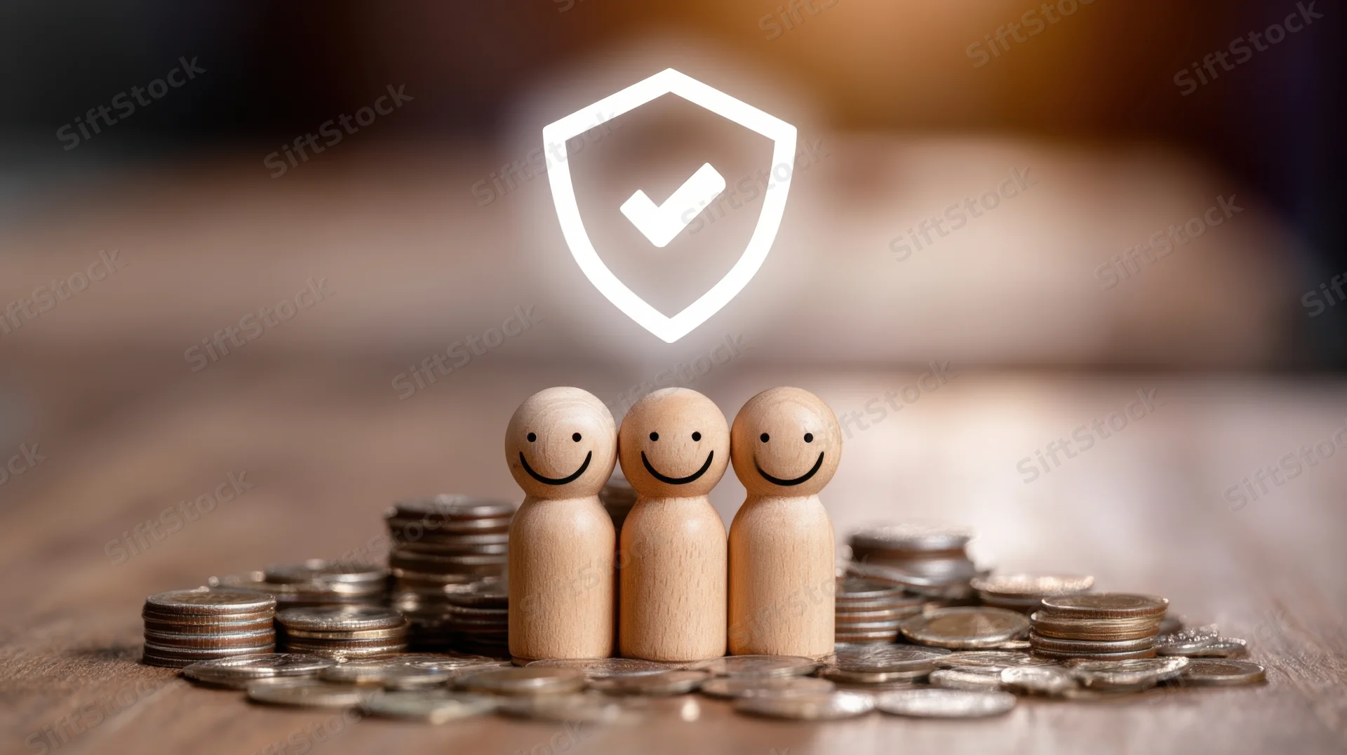 Three wooden figures with smiling faces standing on a pile of coins under a glowing shield with a checkmark symbol