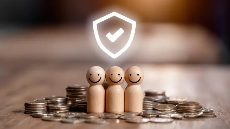 Three wooden figures with smiling faces standing on a pile of coins under a glowing shield with a checkmark symbol