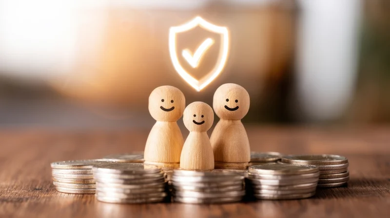 Wooden family figurines standing on stacks of coins with a glowing shield symbol above them on a wooden surface