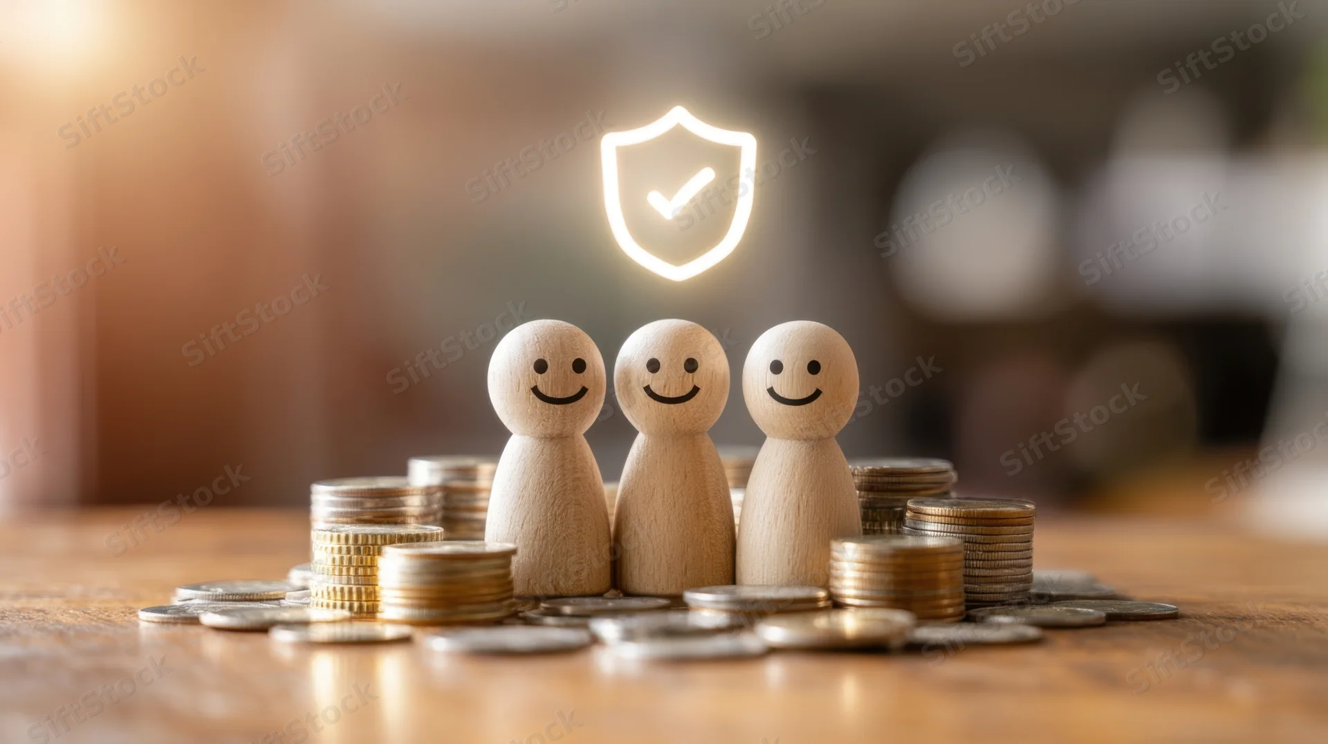 Three wooden figures with smiling faces surrounded by stacks of coins on a wooden table under a glowing shield symbol