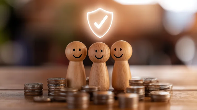 Three wooden figures with smiley faces standing among stacks of coins under a glowing shield with checkmark symbol