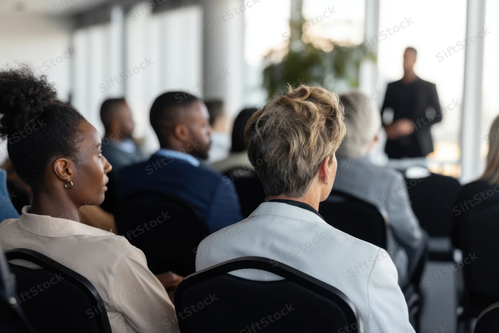Audience members seated in rows facing a speaker at a conference in a modern office space