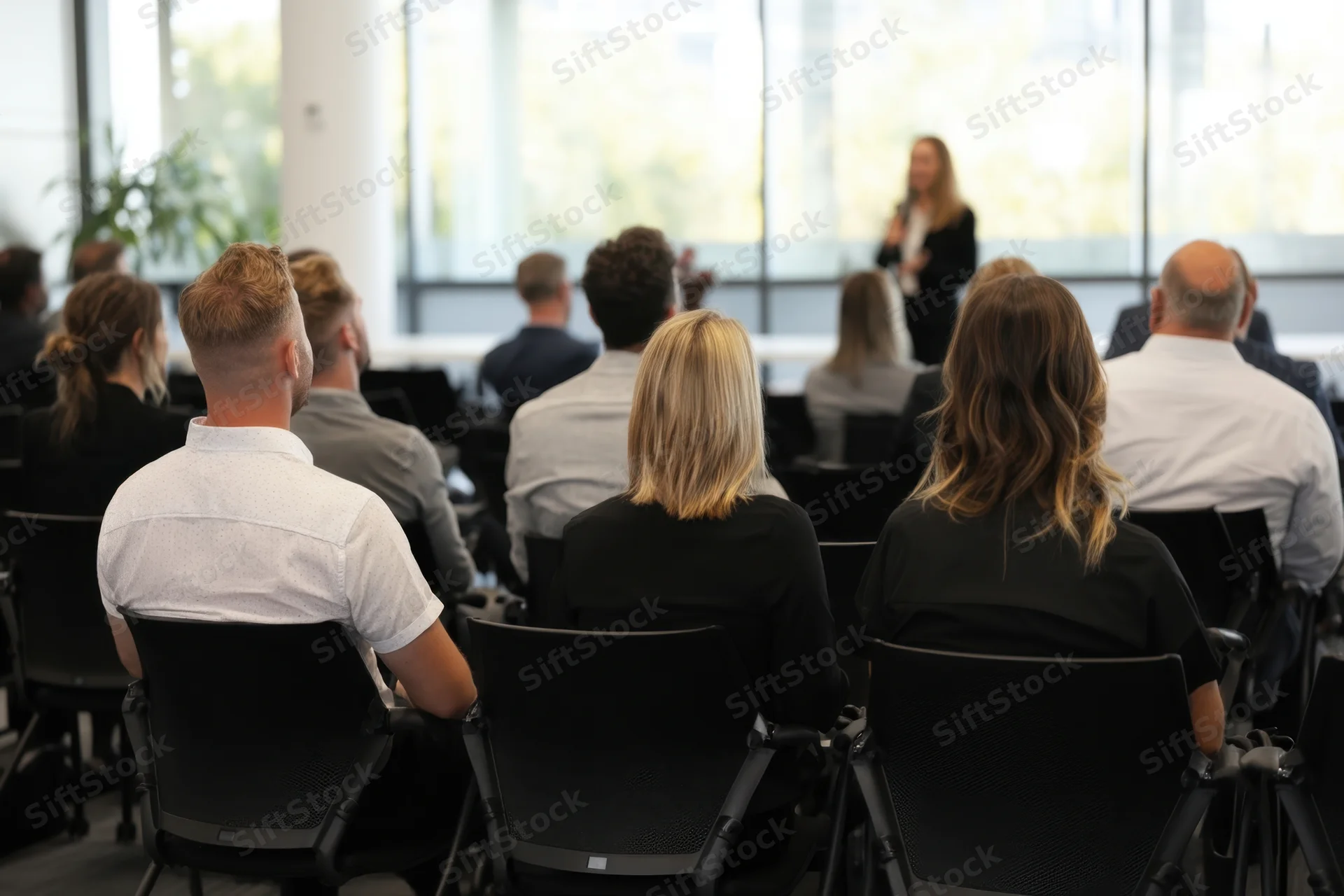 Woman speaking to seated audience in modern office conference room