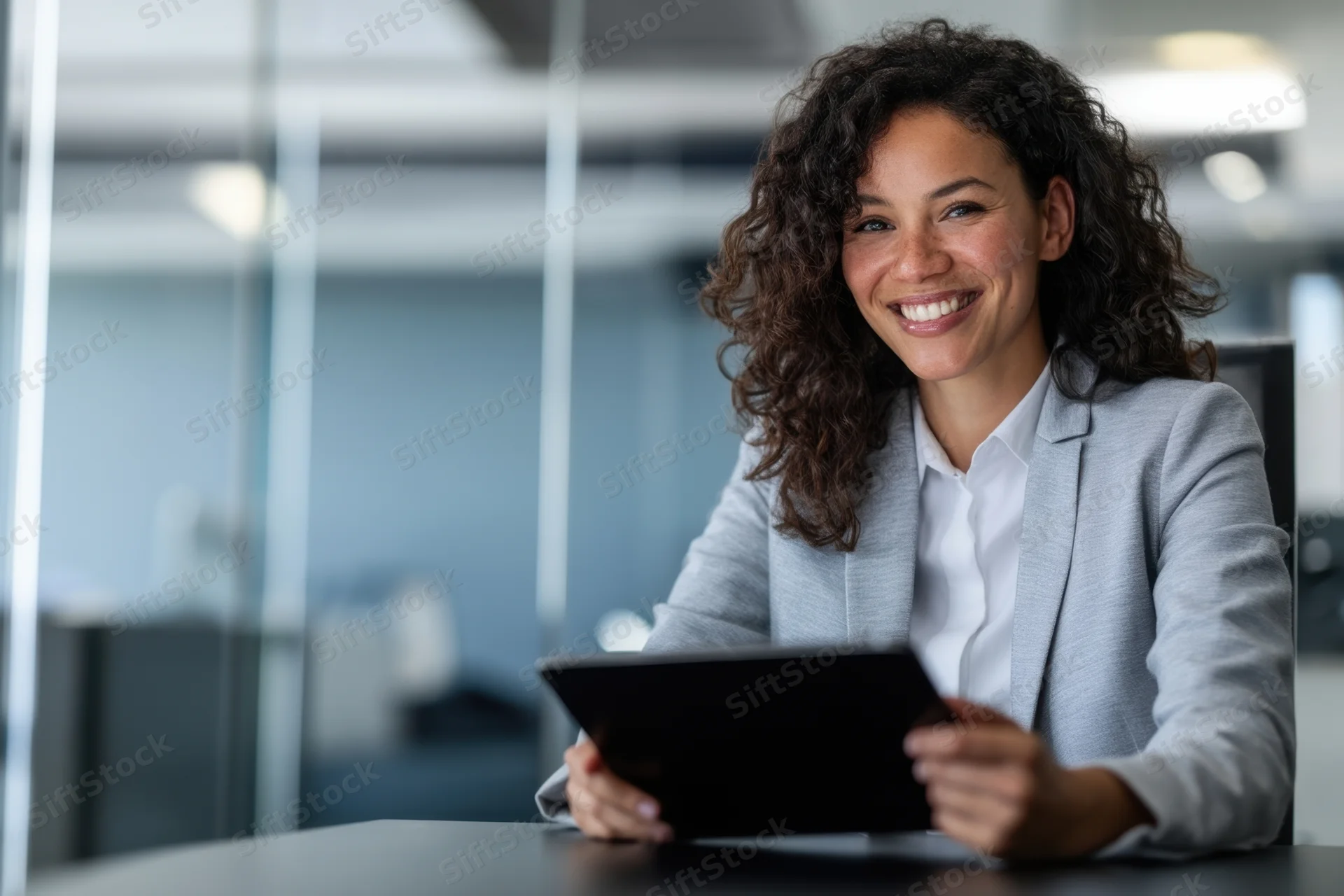 Woman smiling while holding tablet at office desk