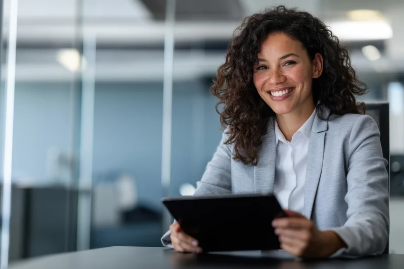 Woman smiling while holding tablet at office desk