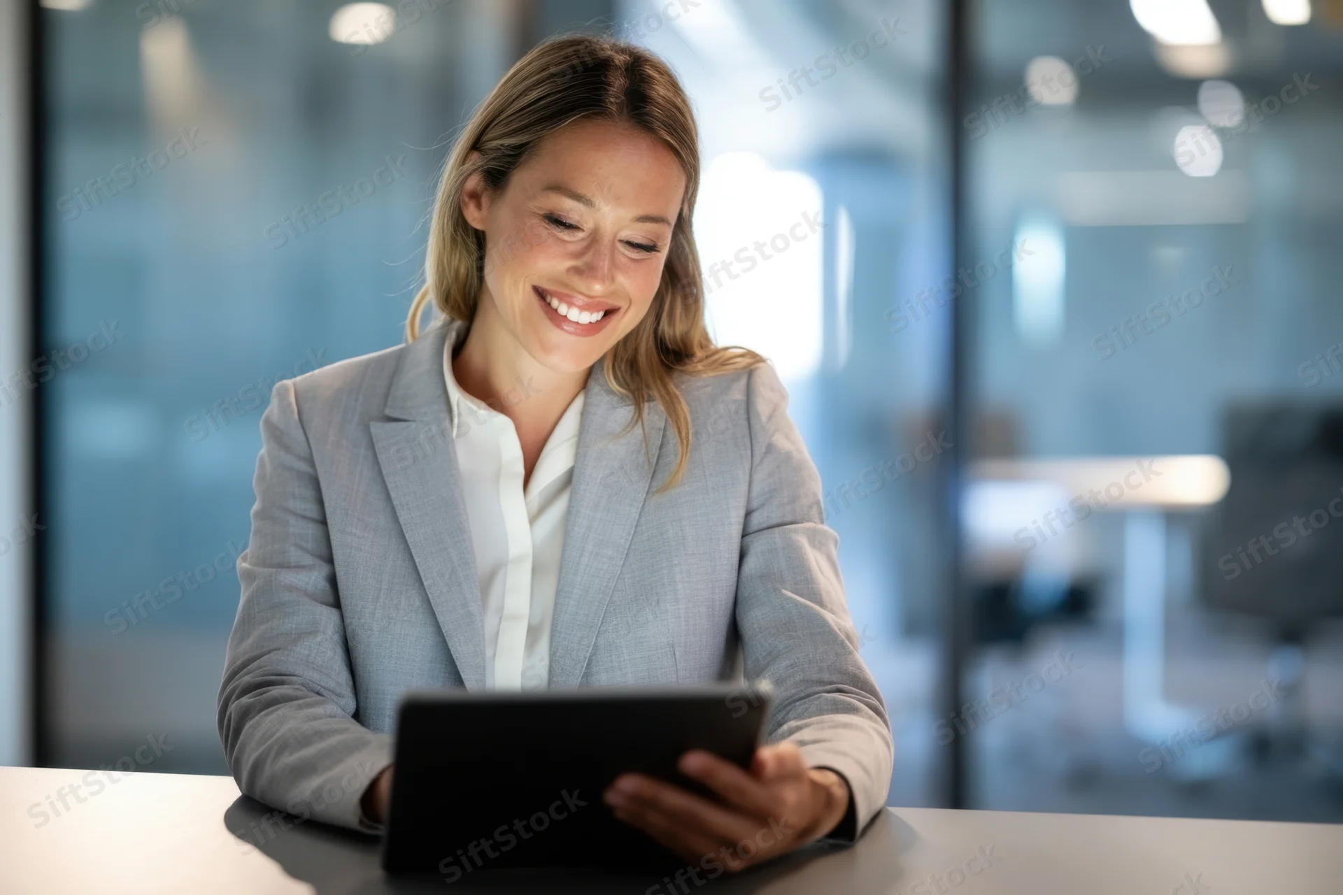 Woman smiling while using tablet at office desk