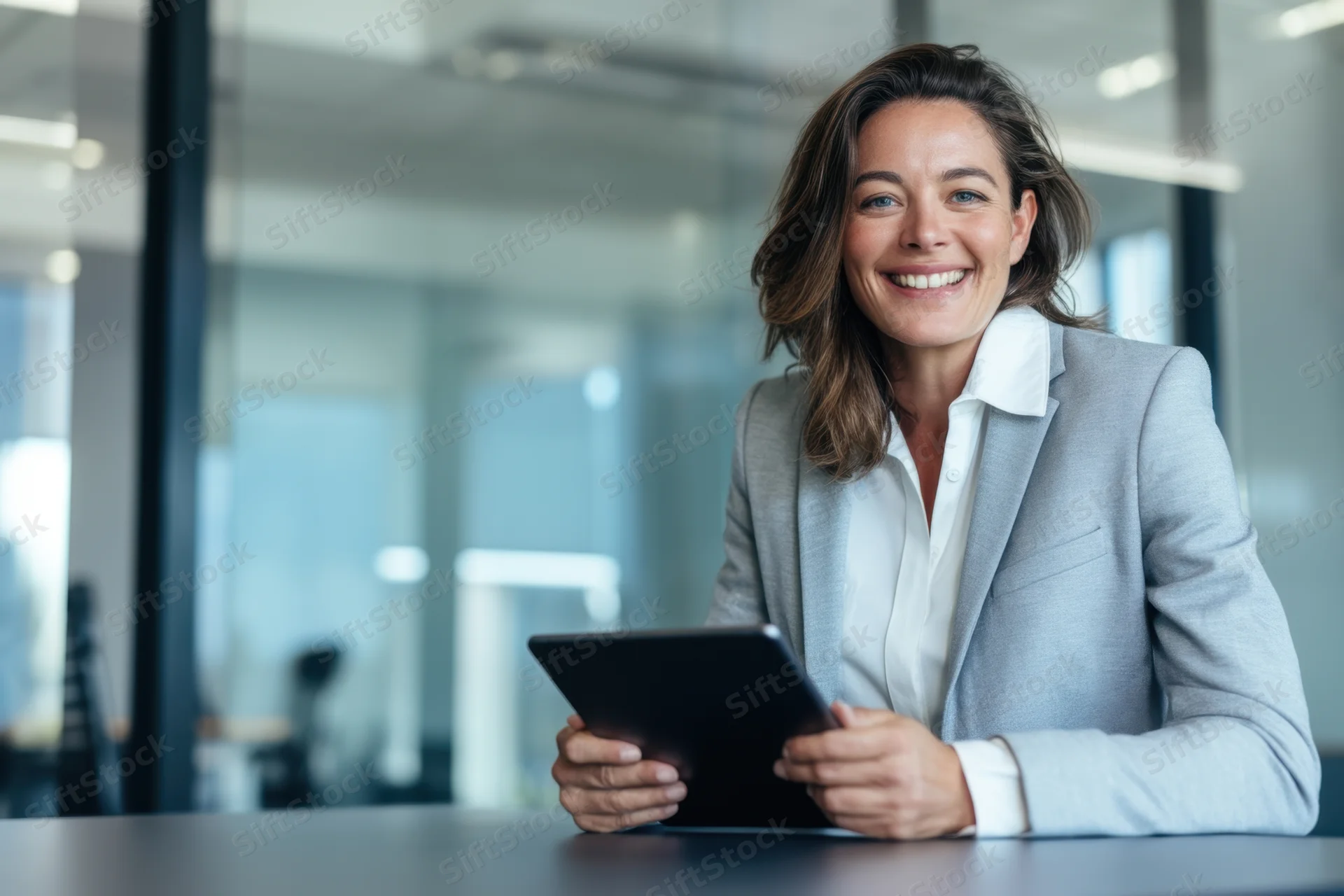 Woman in gray suit smiling while holding tablet at office desk
