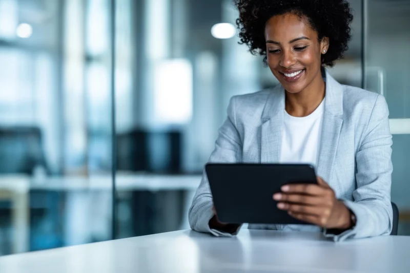 Woman smiling while using tablet at office desk