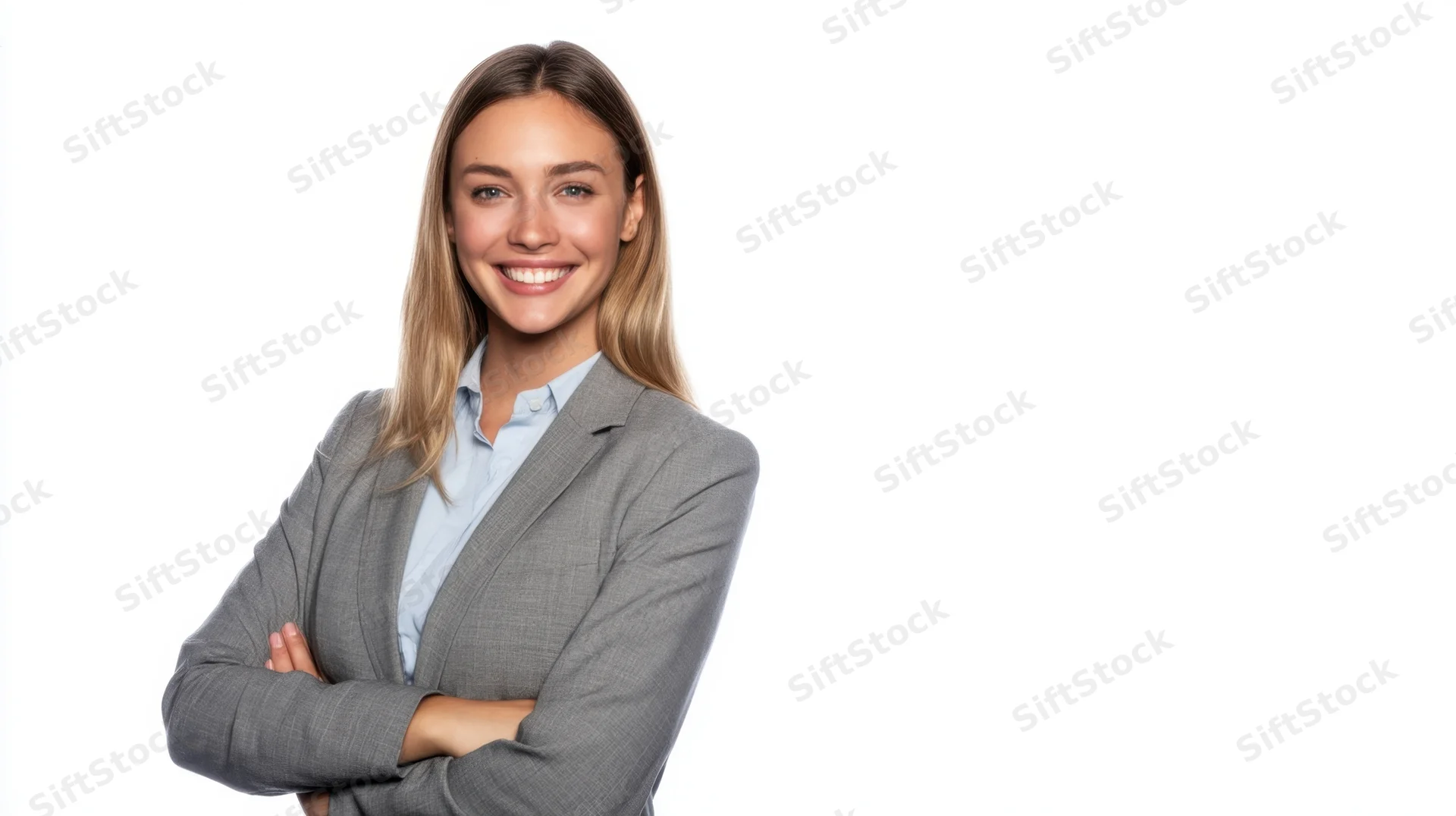 Woman in gray blazer with arms crossed smiling against white background
