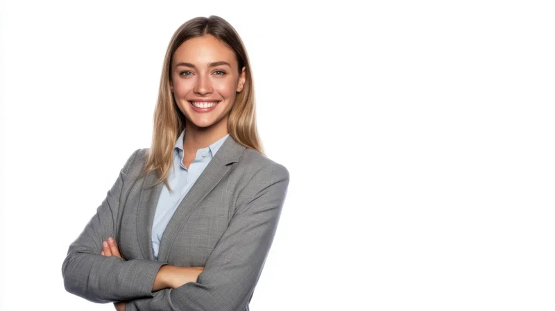 Woman in gray blazer with arms crossed smiling against white background