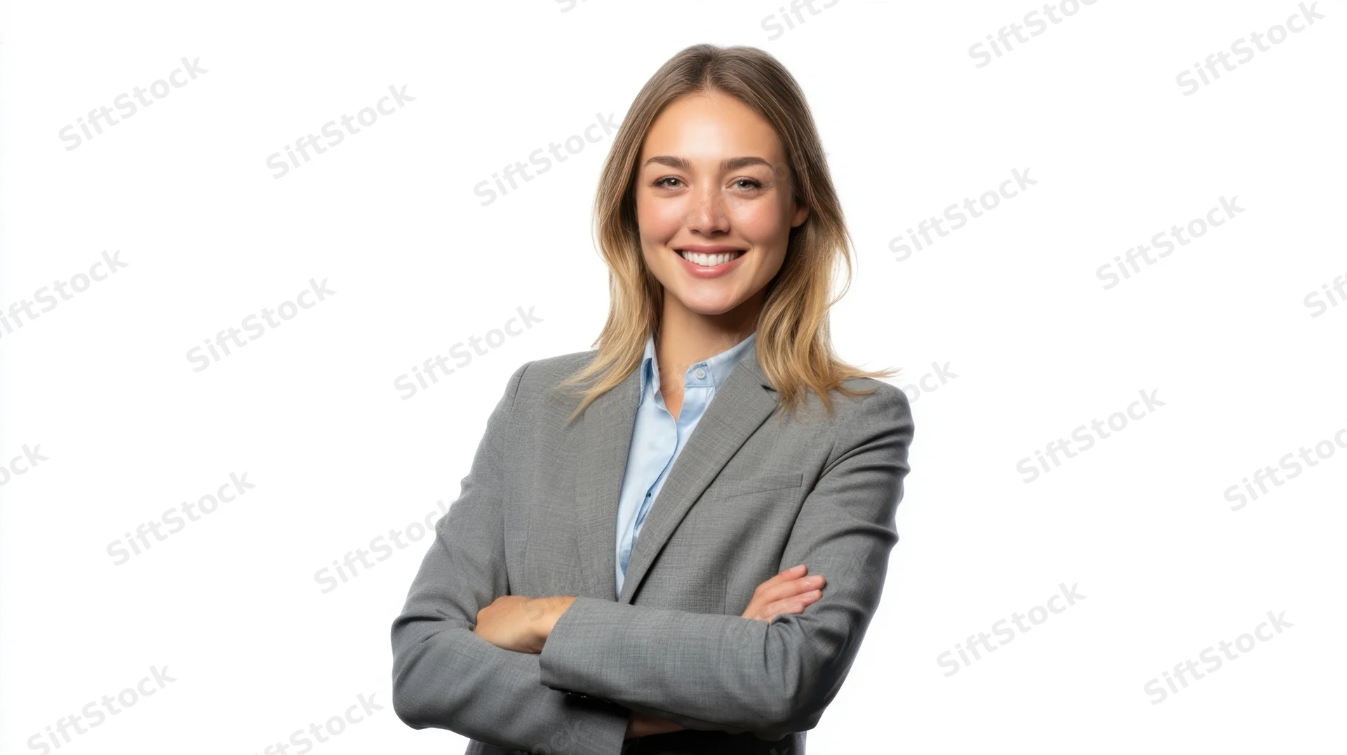 Woman in gray suit with arms crossed smiling against white background