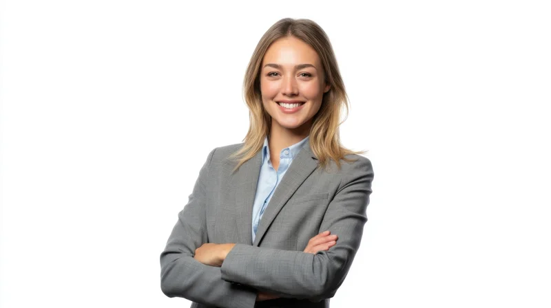 Woman in gray suit with arms crossed smiling against white background