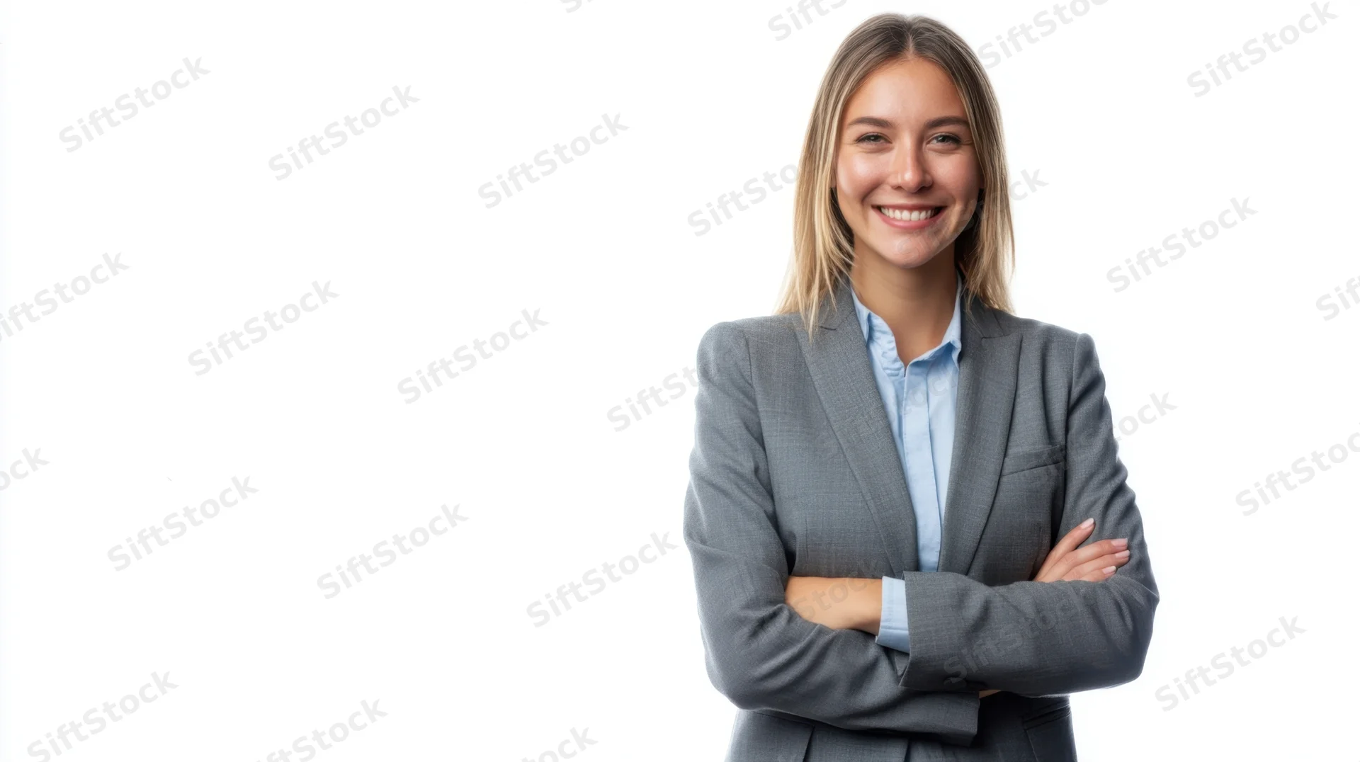 Woman in gray suit with arms crossed smiling against white background