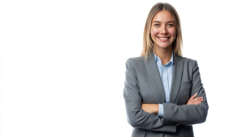 Woman in gray suit with arms crossed smiling against white background
