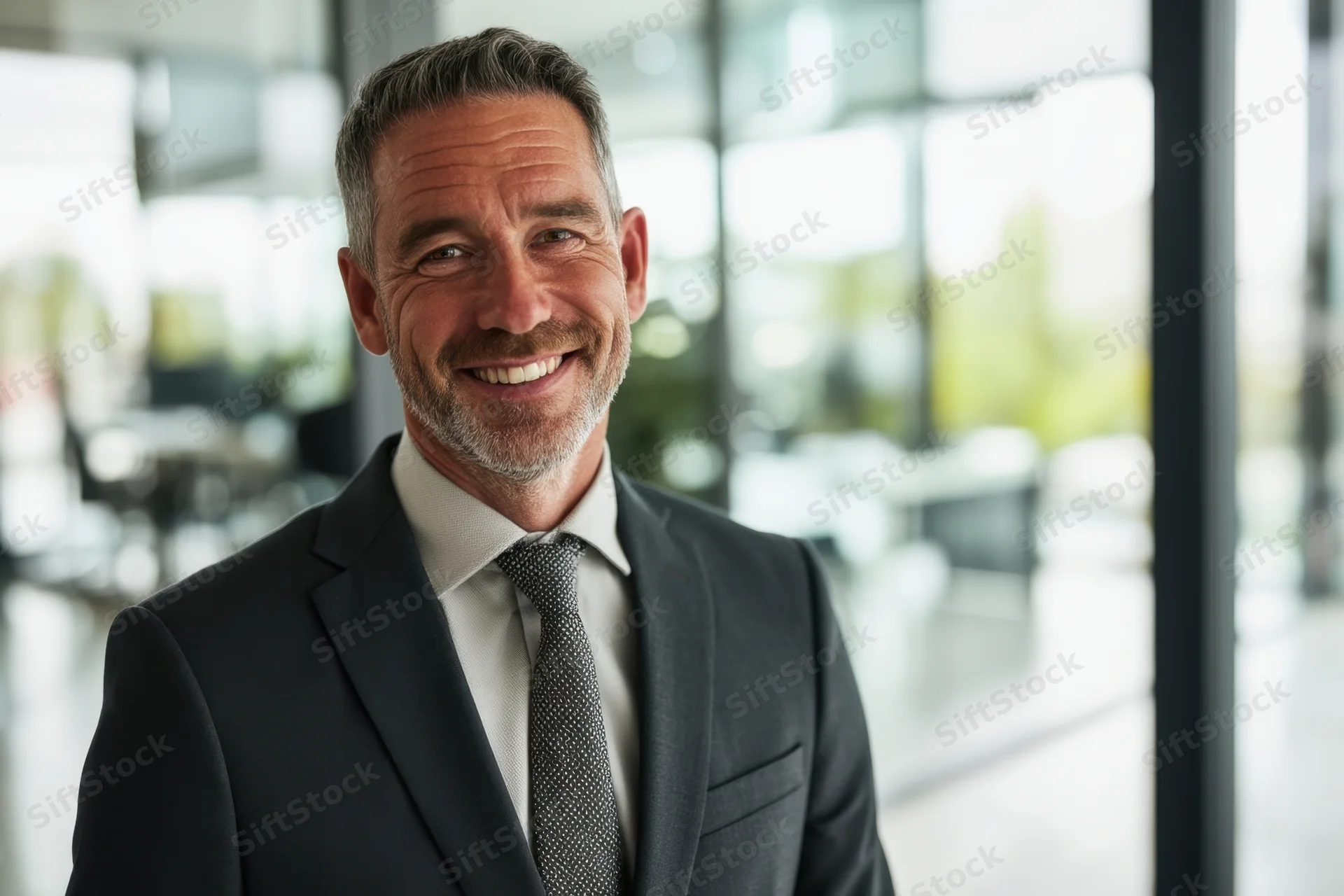 Smiling mature man in suit and tie standing in modern office interior