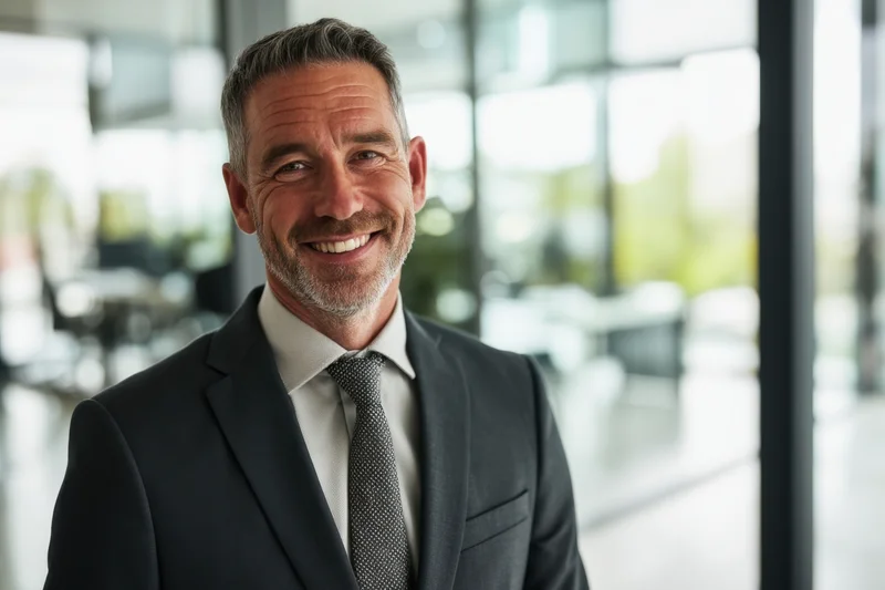 Smiling mature man in suit and tie standing in modern office interior