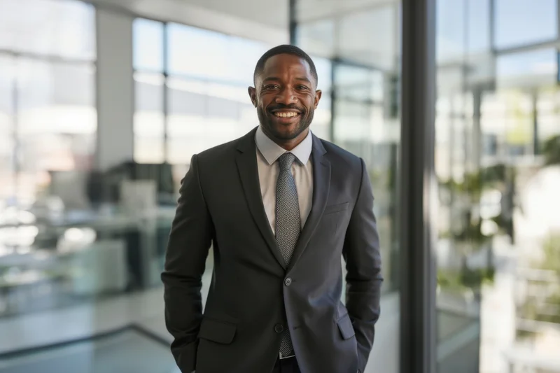 Smiling man in suit standing in modern office with glass walls