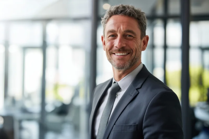 Smiling middle-aged man in suit and tie standing in modern office interior