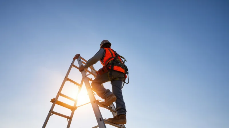 Construction worker climbing a ladder against a clear blue sky with sunlight behind