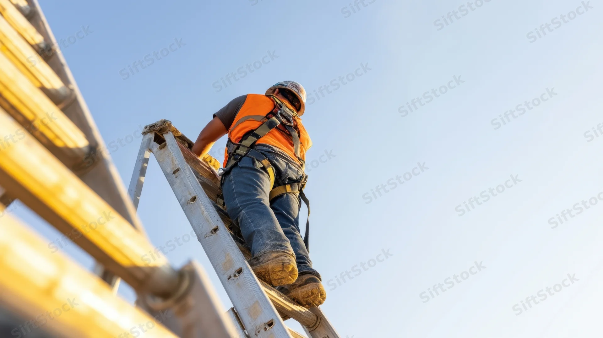 Construction worker climbing a ladder on a building site under clear blue sky