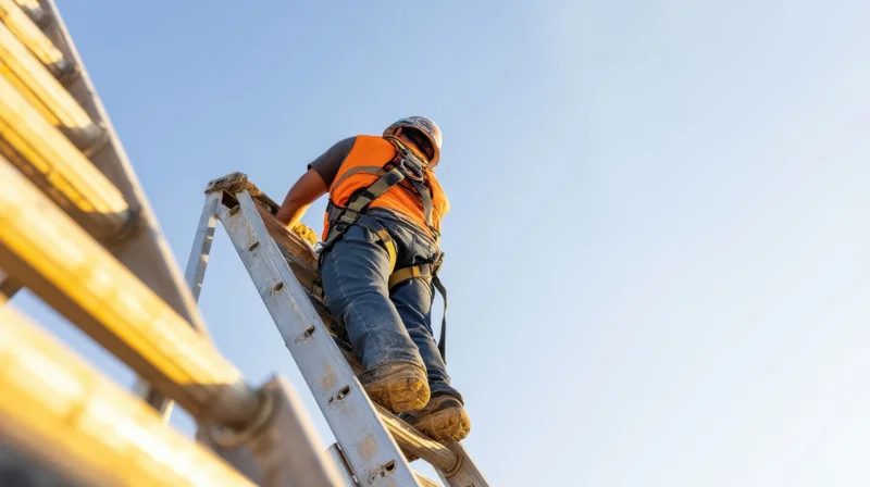 Construction worker climbing a ladder on a building site under clear blue sky