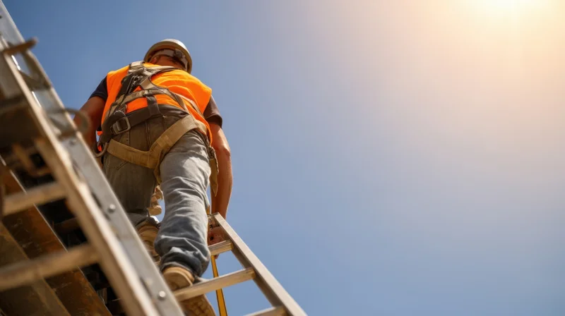 Construction worker climbing a ladder outdoors under bright sunlight
