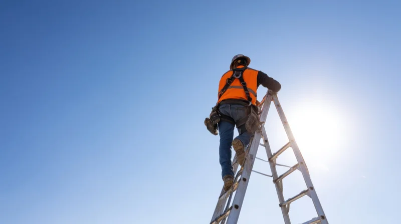 Construction worker climbing a ladder against a clear blue sky