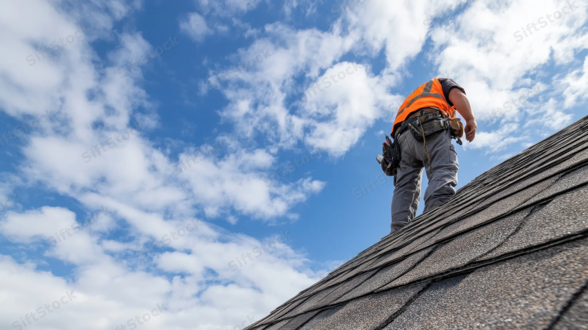 Roofer working on asphalt shingle roof under blue sky with clouds