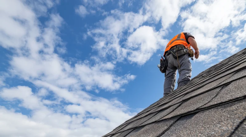 Roofer working on asphalt shingle roof under blue sky with clouds