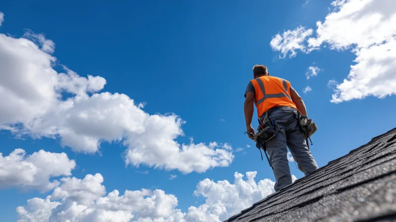 Construction worker standing on a roof under a blue sky with white clouds