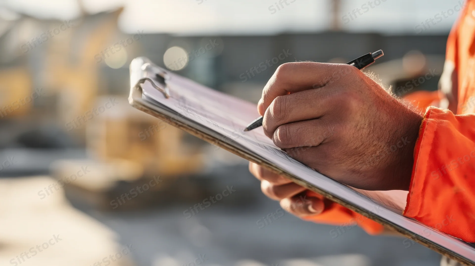 Construction worker writing notes on clipboard at building site