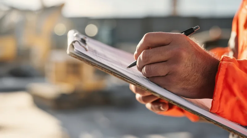 Construction worker writing notes on clipboard at building site