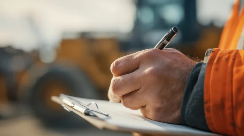 Construction worker writing on clipboard at outdoor site