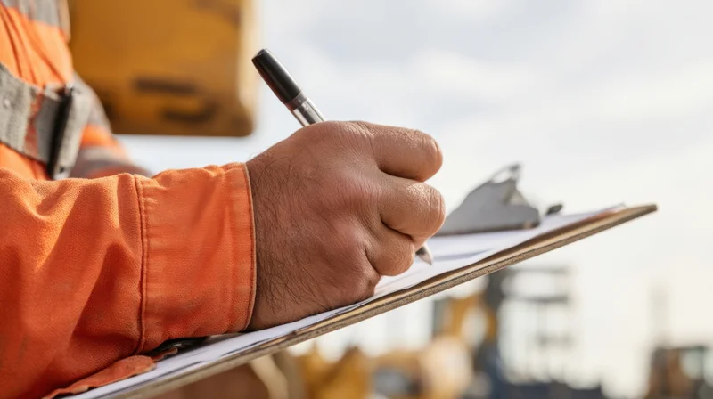 Construction worker writing on clipboard at outdoor building site