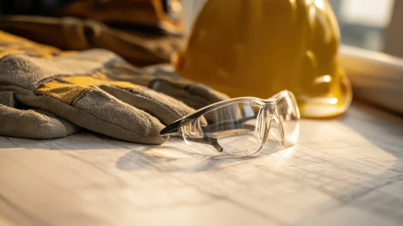 Construction safety gear resting on blueprints with hardhat, gloves and goggles in focus