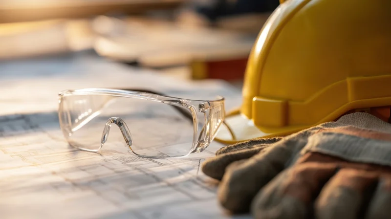 Safety gear including hardhat, goggles and gloves resting on a blueprint at a construction site