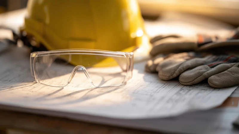Safety goggles, hardhat and gloves on a blueprint at a construction site