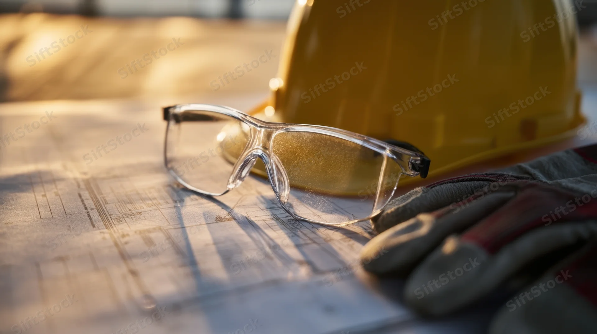 Safety gear including hardhat, goggles and gloves resting on architectural blueprint at construction site