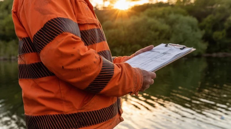 Construction worker holding clipboard outdoors by river at sunset