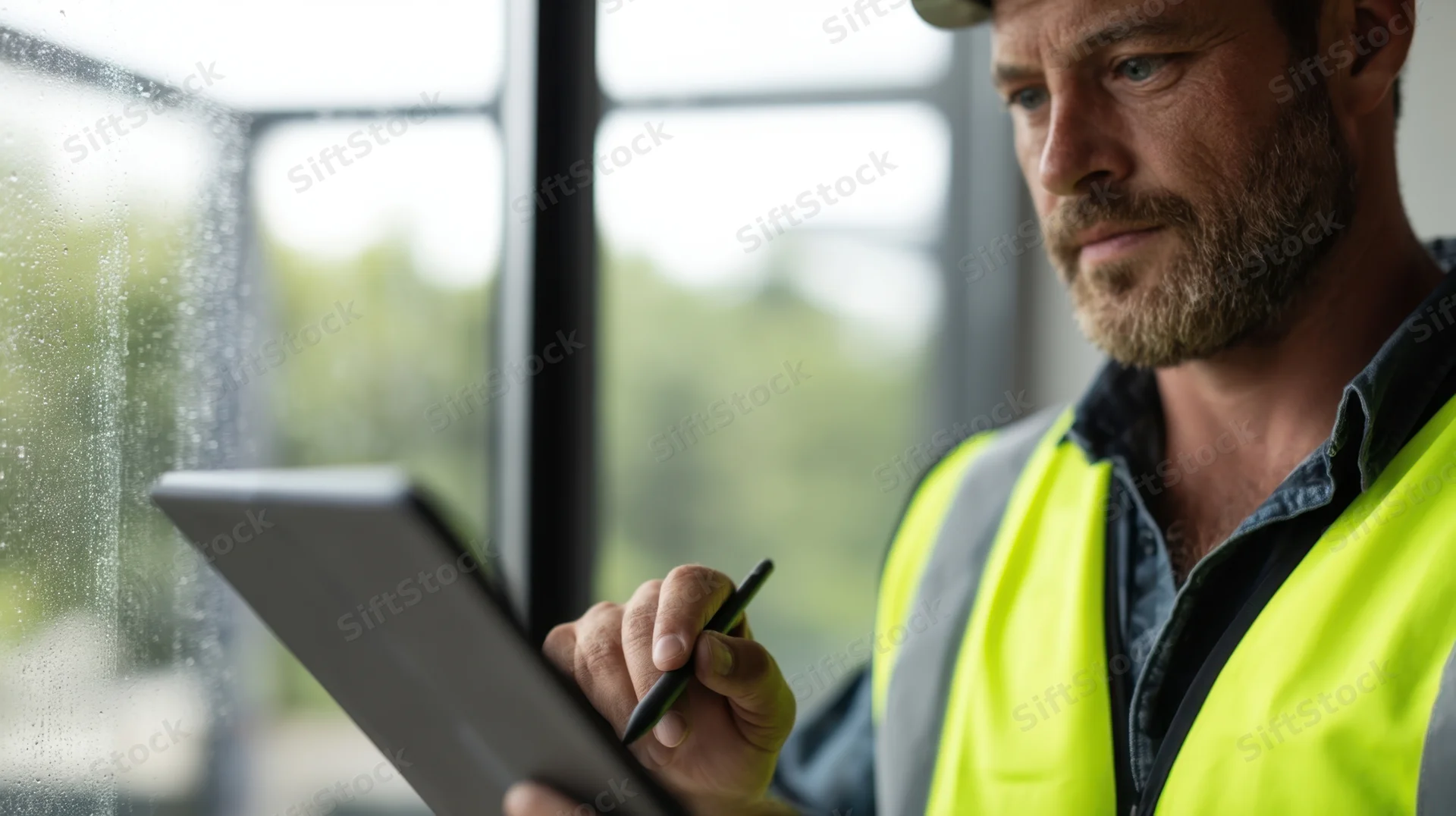 Construction worker using tablet with stylus for inspection near window on rainy day