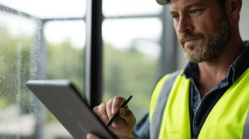 Construction worker using tablet with stylus for inspection near window on rainy day