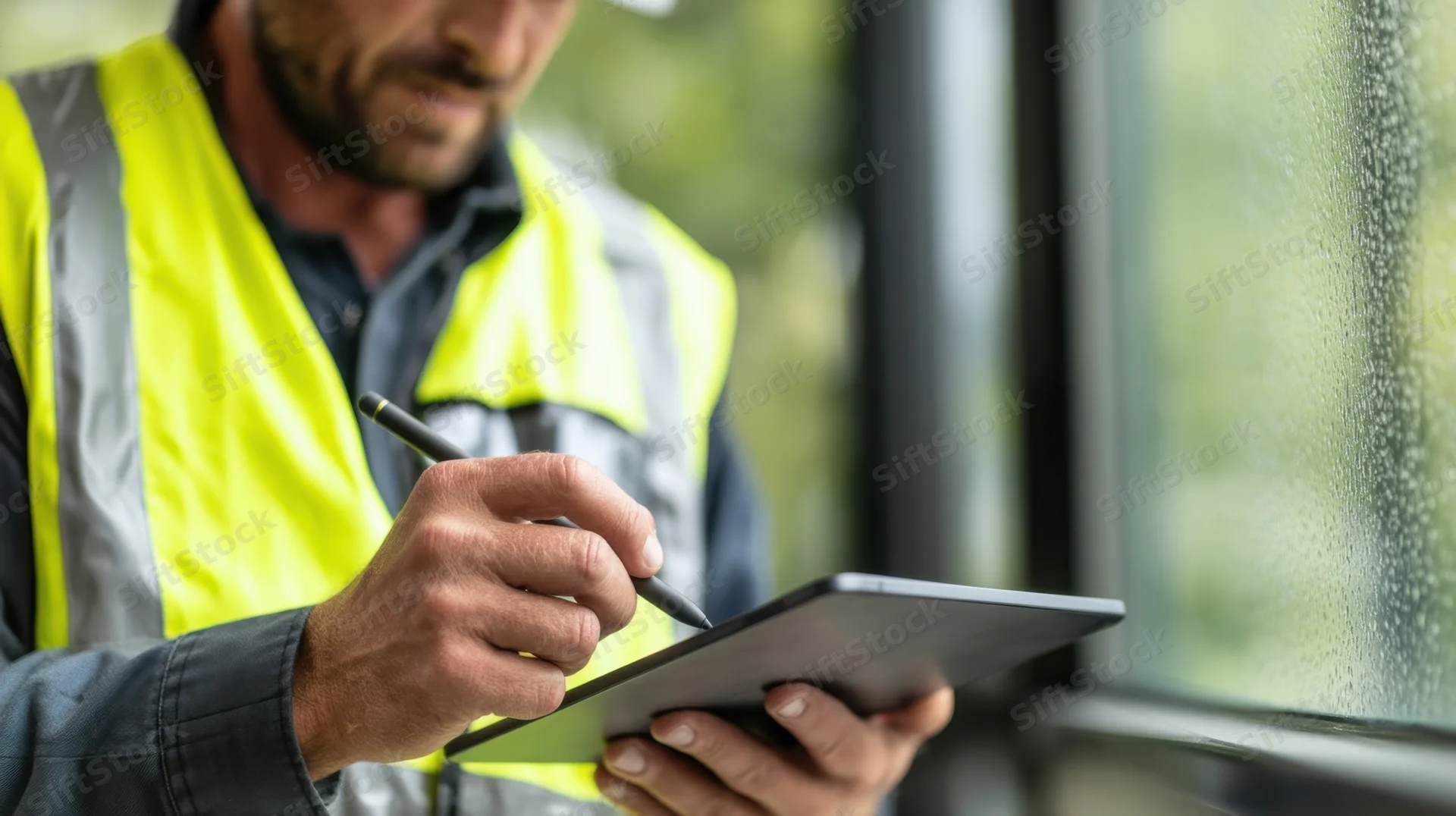 Construction worker writing on tablet outdoors near a rain-streaked window