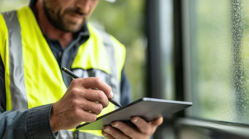 Construction worker writing on tablet outdoors near a rain-streaked window