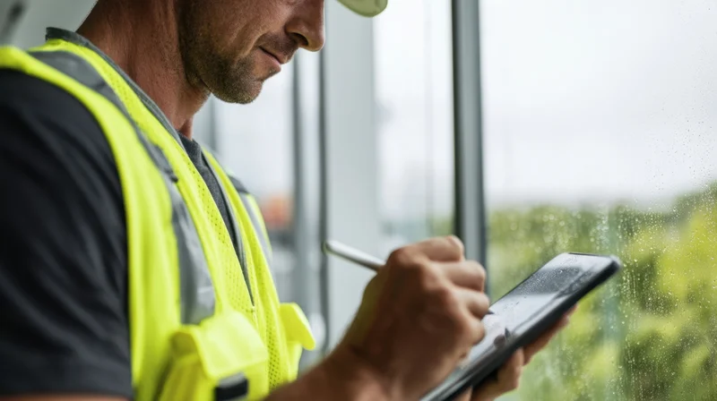 Construction worker writing on tablet with stylus near window during rain
