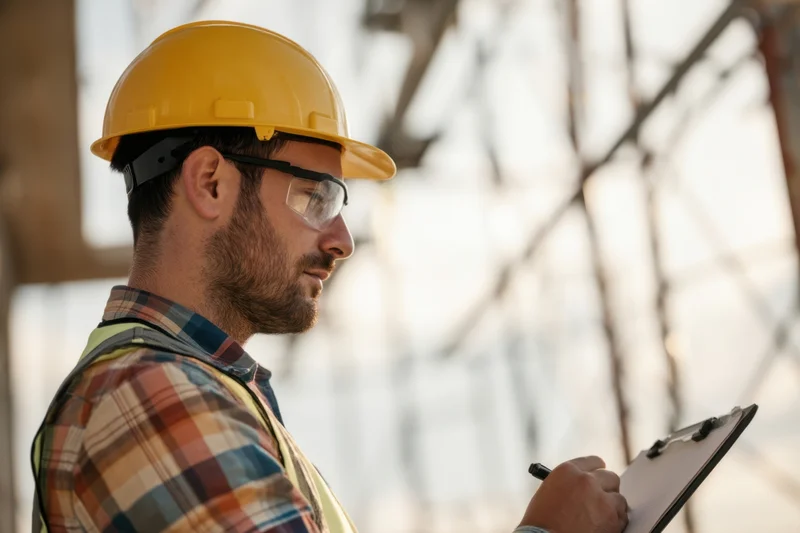Construction worker in yellow helmet and safety glasses writing on clipboard at building site